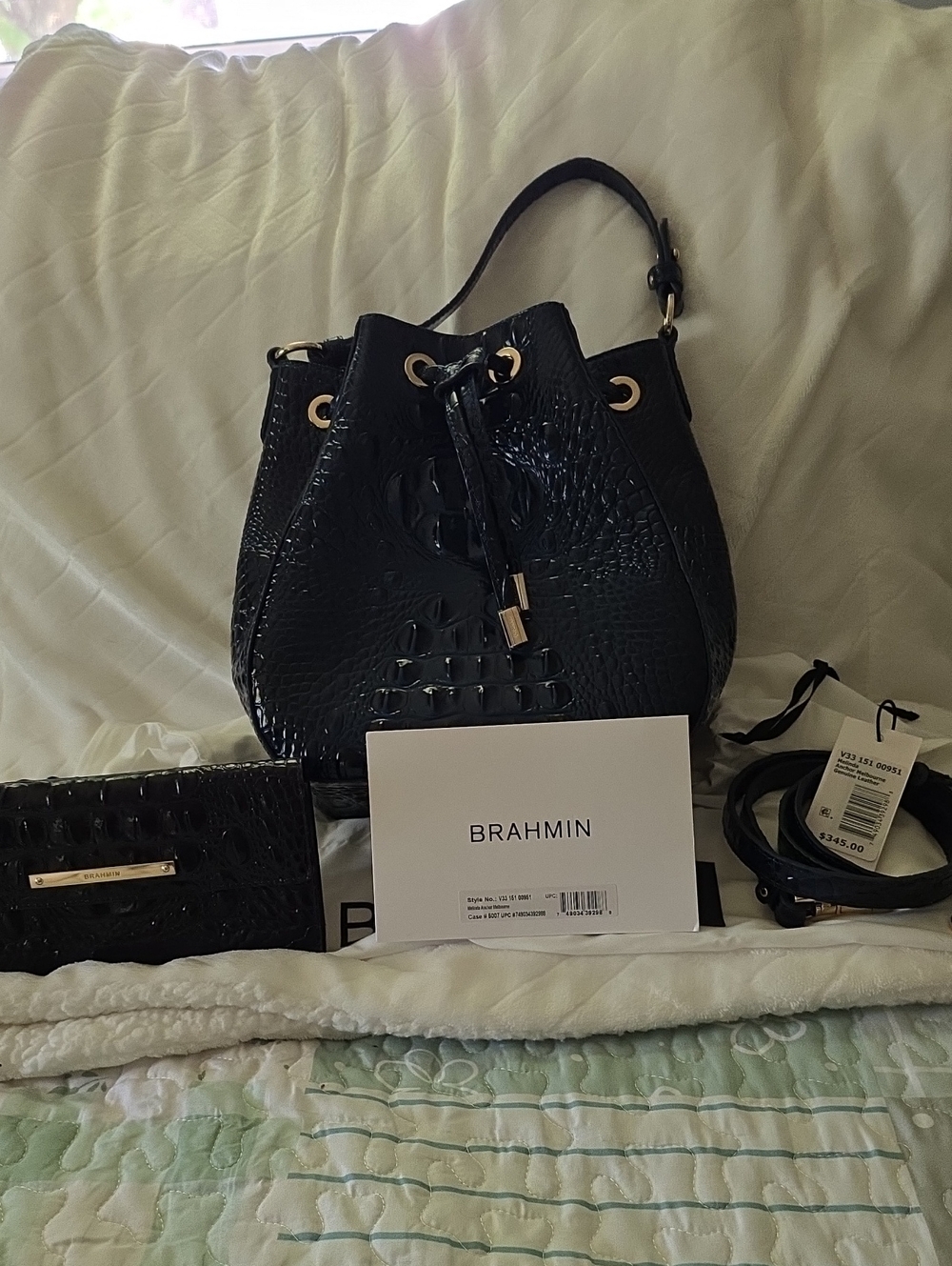 Brahmin Navy Black Croc-Embossed Leather Bucket Drawstring Bag Plus Wallet, Dust